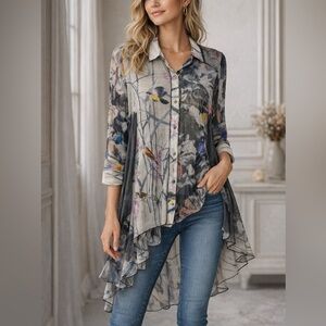 Paris Mues M Mixed Media Bird Floral Print Hi-Low Tunic Shirt